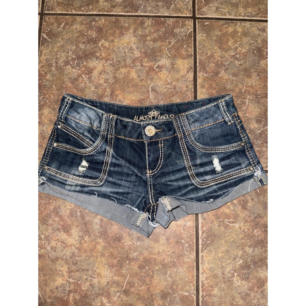 Almost Famous Womens Dark Wash Distressed Denim Shorts Low Rise Y2K Size 11